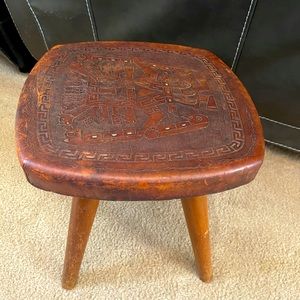 Rare antique leather craft wood footstool Art Deco